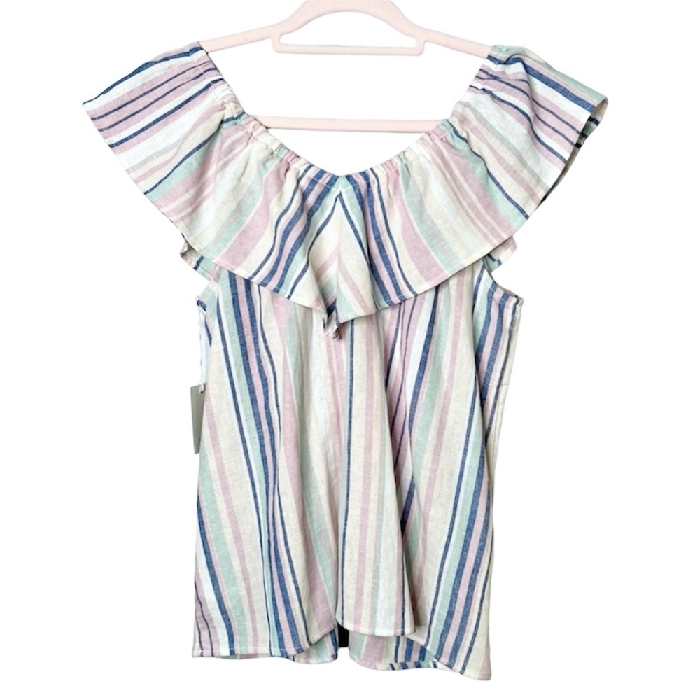 Ava James NWT Linen Blend Off The Shoulder Blouse Sz M Pastel Striped Pink Blue - Picture 2 of 10